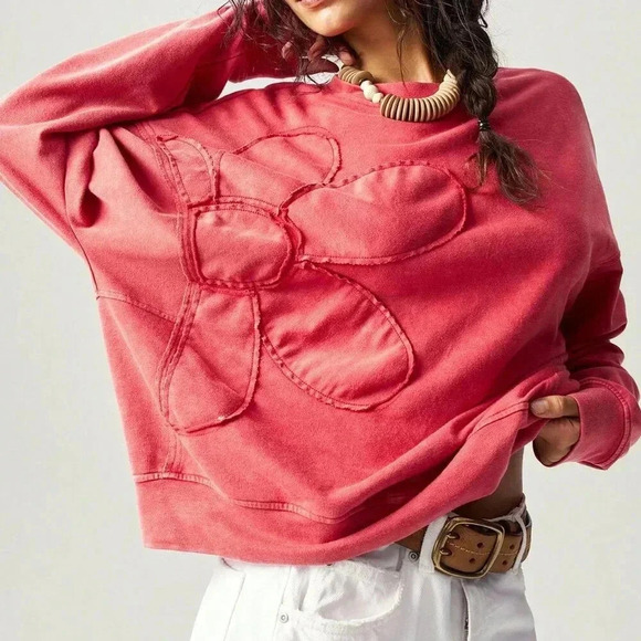 Red Casual Women's Embroidery Design Crew Neck Loose Knit Sweatshirt - Picture 5 of 6